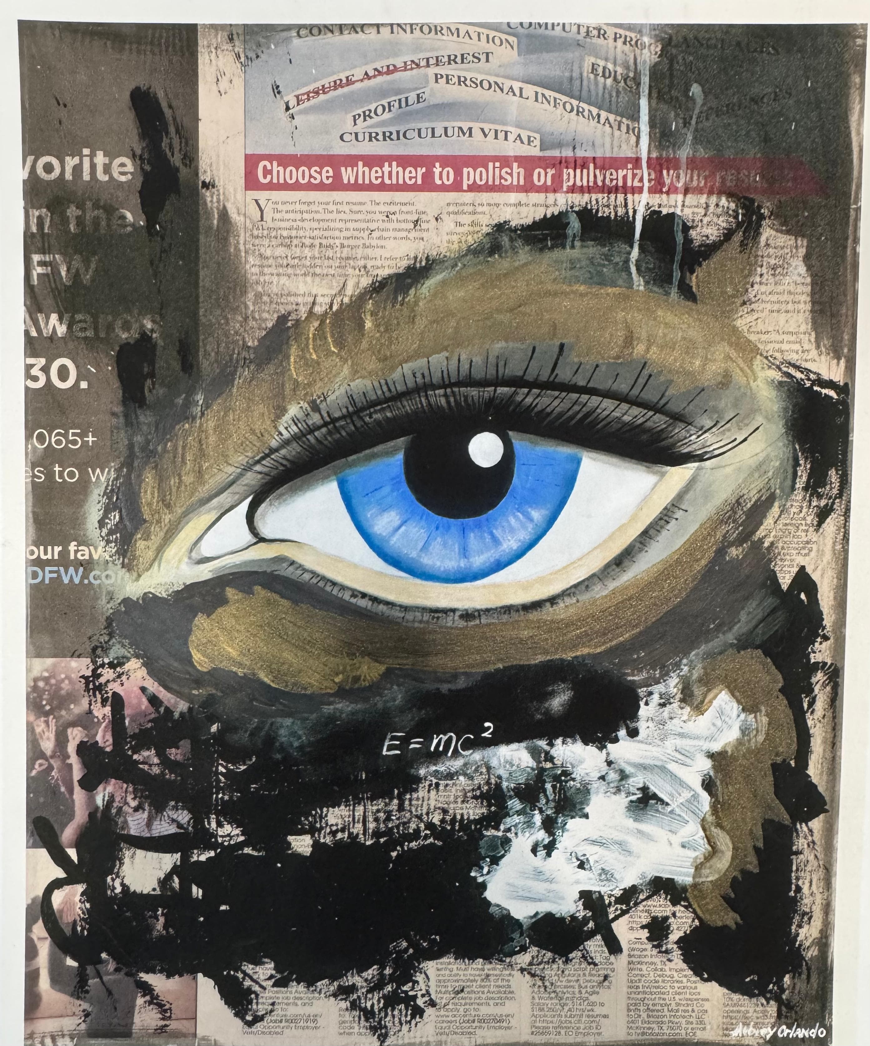 Polish or Pulverize — single eye over collaged newsprint, gold and black brushwork